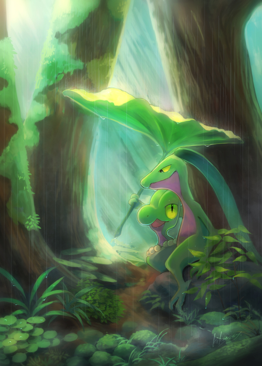 closed_mouth commentary_request from_side gen_3_pokemon grovyle highres holding holding_leaf kikuyoshi_(tracco) leaf looking_up moss no_humans open_mouth outdoors pokemon pokemon_(creature) rain sitting toes tree treecko water_drop