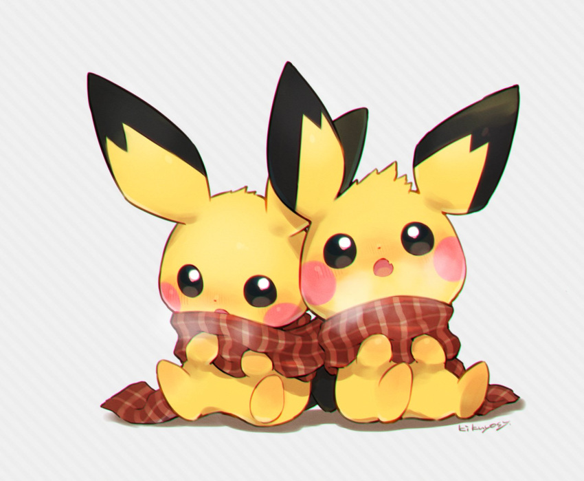 black_eyes blush breath brown_scarf commentary_request creature fang gen_2_pokemon highres kikuyoshi_(tracco) no_humans open_mouth pichu pokemon pokemon_(creature) scarf signature sitting skin_fang tongue