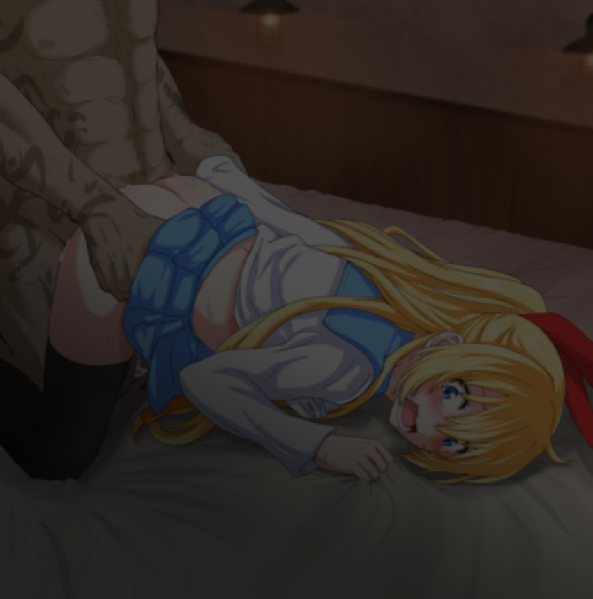 1boy 1girl ass black_legwear blonde_hair blood blue_eyes blue_skirt blush bow clothed_female_nude_male clothes_lift cum cumdrip defloration doggystyle feet_out_of_frame from_side hair_between_eyes hair_bow head_out_of_frame hetero highres kirisaki_chitoge long_hair midriff minobey night nisekoi nude pleated_skirt rape red_bow sailor_collar school_uniform serafuku sex sex_from_behind sheet_grab shirt skirt skirt_lift tattoo thighhighs thighs translation_request trembling white_shirt wide-eyed