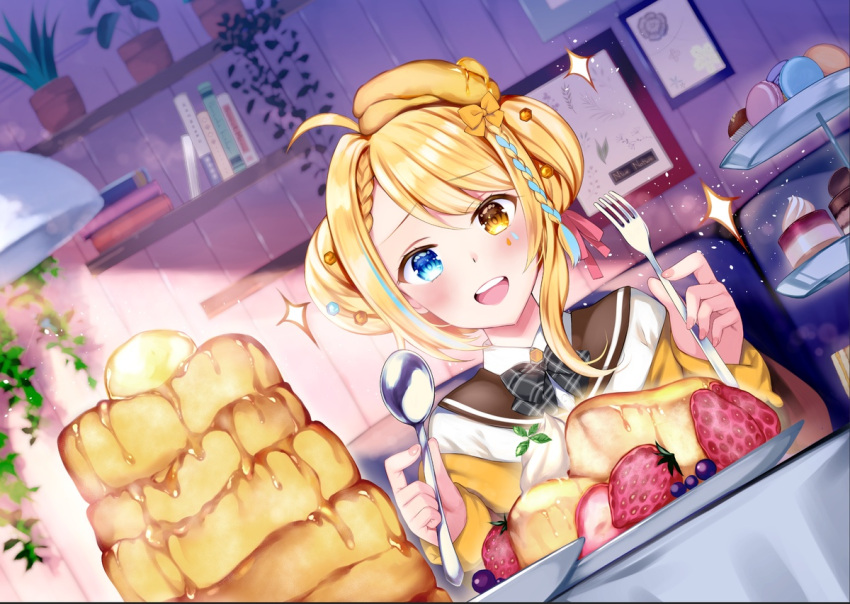 1girl :d ahoge black_bow blonde_hair blue_eyes blue_hair blurry blurry_background blush bow braid brown_eyes brown_sailor_collar commentary_request depth_of_field dutch_angle food fork fruit hands_up heterochromia holding holding_fork holding_spoon indie_virtual_youtuber indoors jacket loco_lost long_sleeves looking_at_viewer macaron multicolored_hair open_mouth pancake pancake_hair_ornament plaid plaid_bow plate rei_(rei's_room) sailor_collar shirt sleeves_past_wrists smile solo sparkle spoon stack_of_pancakes strawberry streaked_hair tiered_tray two-tone_hair upper_body upper_teeth virtual_youtuber white_shirt yellow_jacket