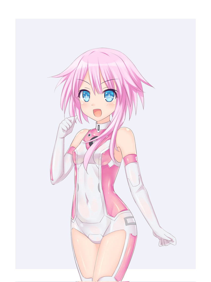 1girl bare_shoulders breasts covered_navel elbow_gloves gloves highres kazuneko_(wktk1024) long_hair looking_at_viewer neptune_(series) open_mouth pink_hair power_symbol small_breasts smile solo symbol-shaped_pupils white_sister_ram