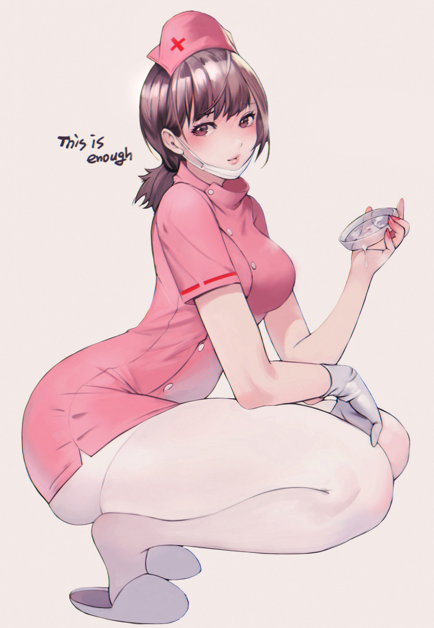 1girl ass blush bobobong breasts gloves hat highres latex latex_gloves lips looking_at_viewer mask mask_removed nurse nurse_cap original pantyhose petri_dish pink_eyes seductive_smile single_glove slippers smile solo squatting thick_thighs thighs white_gloves white_legwear