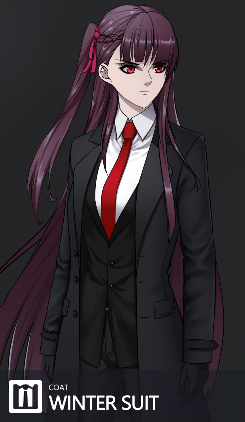 1girl absurdres agent_47 agent_47_(cosplay) black_gloves black_pants black_suit breasts business_suit cosplay formal girls'_frontline gloves half_updo highres hitman_(game) long_hair long_sleeves lzypoipoi medium_breasts necktie one_side_up pants purple_hair red_eyes red_neckwear solo suit wa2000_(girls'_frontline)