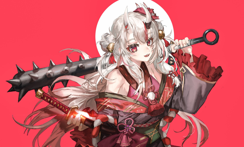 1girl bandages bare_shoulders bell checkered checkered_clothing club_(weapon) double_bun dual_wielding eyelashes fingernails frilled_sleeves frills glint hair_bell hair_bun hair_ornament highres holding holding_sheath holding_sword holding_weapon hololive horned_headwear horned_mask horns japanese_clothes kanabou katana lens_flare long_hair long_sleeves mask mask_on_head multicolored multicolored_hair nakiri_ayame oni open_mouth over_shoulder quasarcake red_background red_eyes red_hair scabbard sheath sheathed simple_background skin-covered_horns solo spiked_club spikes sword teeth tongue unsheathing very_long_hair weapon weapon_over_shoulder white_hair wide_sleeves