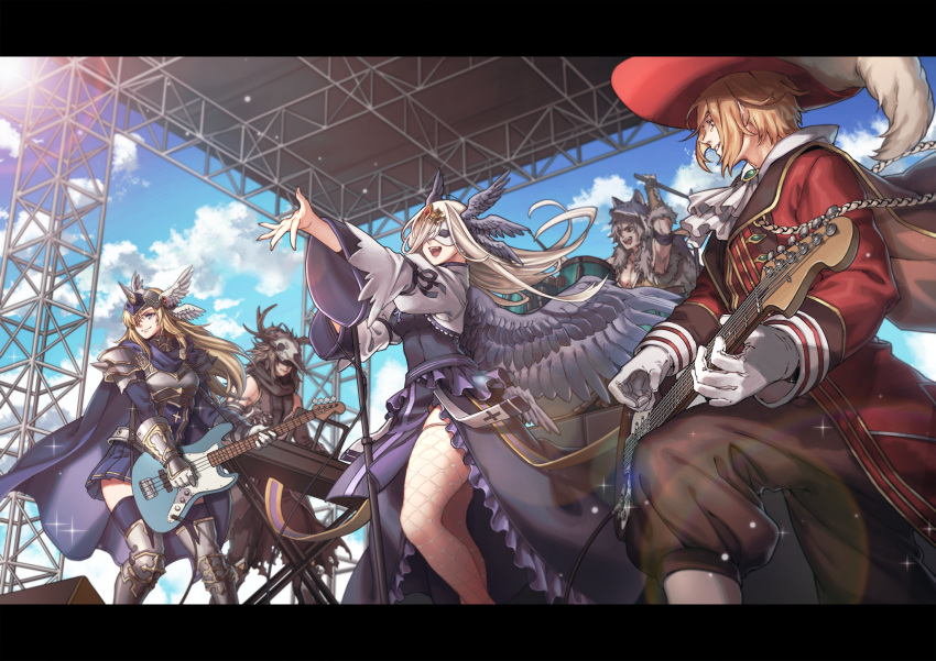 2girls 3boys alternate_color antlers archbishop_(ragnarok_online) armor armored_boots bangs bass_guitar black_dress black_wings blonde_hair blue_cape blue_eyes blue_legwear blue_skirt blue_sky boots breasts brown_hair brown_pants cape closed_mouth cloud concert cross day dress drum drum_set drumming drumsticks electric_guitar feathered_wings feet_out_of_frame fishnet_legwear fishnets full_body gauntlets gloves grey_hair guillotine_cross_(ragnarok_online) guitar hair_between_eyes head_wings highres horned_headwear instrument kauedaiprai keyboard_(instrument) letterboxed long_hair maestro_(ragnarok_online) mask masquerade_mask medium_breasts microphone microphone_stand multiple_boys multiple_girls music official_alternate_costume official_art official_wallpaper open_mouth outdoors pants pauldrons pelt platinum_blonde_hair playing_instrument pleated_skirt ragnarok_online rune_knight_(ragnarok_online) short_hair shoulder_armor singing skirt skull skull_on_head sky smile sniper_(ragnarok_online) sparkle thighhighs white_gloves white_legwear white_wings wings wolf_pelt