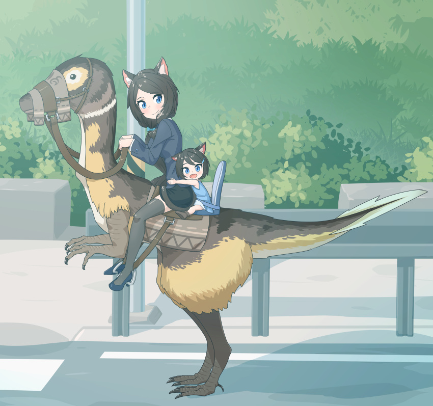 2girls :d absurdres aina_(mao_lian) animal_ear_fluff animal_ears black_footwear black_hair black_jacket blue_dress blue_eyes blush brown_footwear cat_ears cat_tail child closed_mouth dinosaur dress from_side grey_legwear guard_rail high_heels highres jacket long_hair long_sleeves looking_at_viewer looking_to_the_side mao_lian_(nekokao) mother_and_daughter multiple_girls open_mouth original outdoors riding road shoes short_hair smile tail thighhighs very_long_hair
