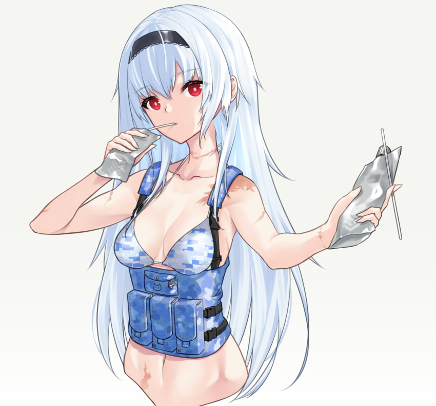 1girl ammunition_pouch bare_shoulders black_hairband blue_bra blue_hair bra breasts camouflage camouflage_bra cleavage collarbone commentary_request drink drink_pouch drinking drinking_straw drinking_straw_in_mouth eyebrows_visible_through_hair girls'_frontline giving hair_between_eyes hairband holding holding_drink incoming_drink ingerdoll load_bearing_equipment long_hair looking_at_viewer medium_breasts navel pouch red_eyes scar scar_on_arm scar_on_neck scar_on_stomach solo tactical_clothes thunder_(girls'_frontline) underwear upper_body very_long_hair white_hair