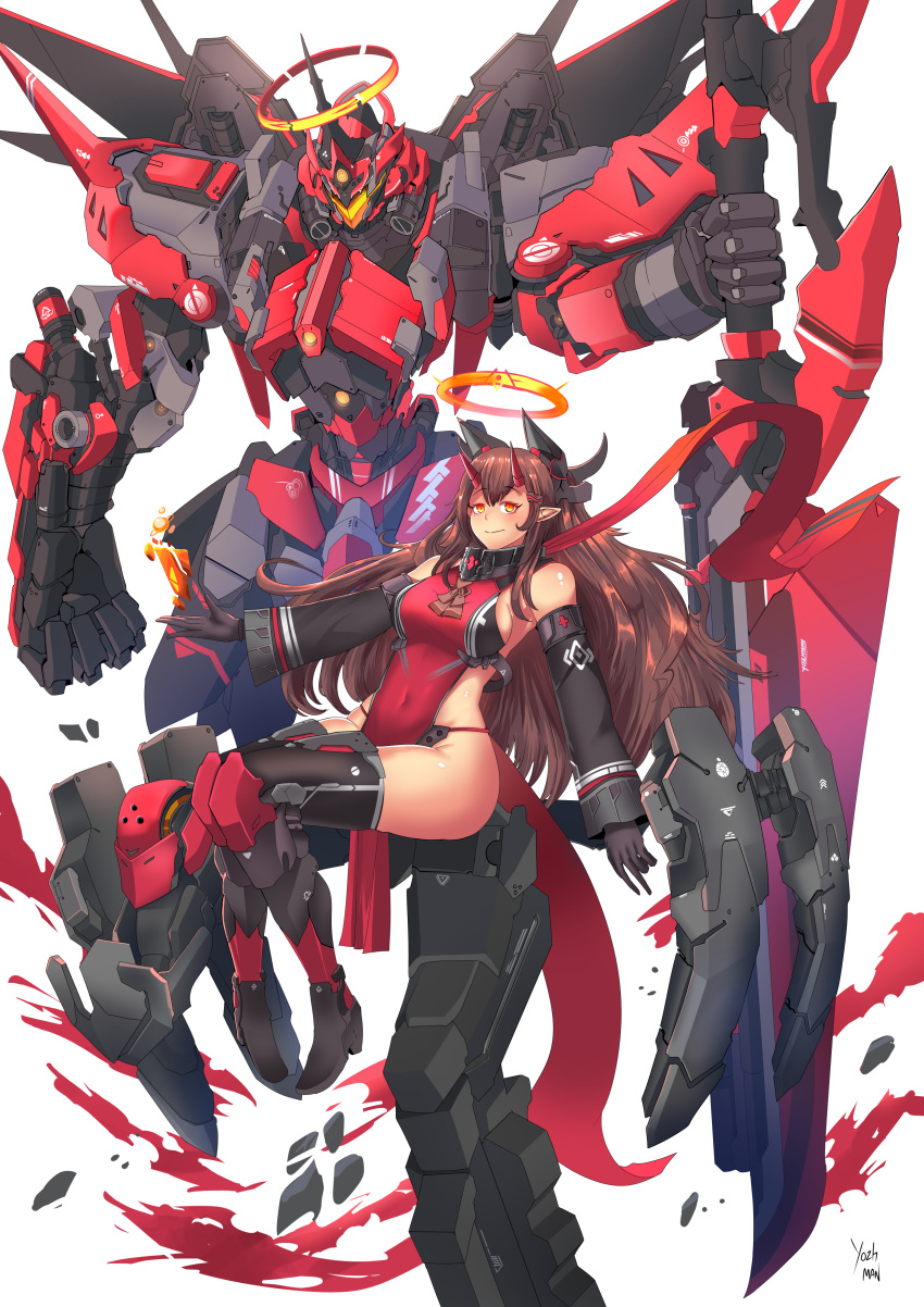 1girl absurdres black_gloves boots borrowed_character breasts brown_hair covered_navel detached_sleeves gloves hair_behind_ear halo highres holding holding_lance holding_polearm holding_weapon horns lance long_hair looking_at_viewer mecha mechanical_horns medium_breasts orange_eyes original pointy_ears polearm science_fiction smile thigh_boots thighhighs visor weapon yozhman