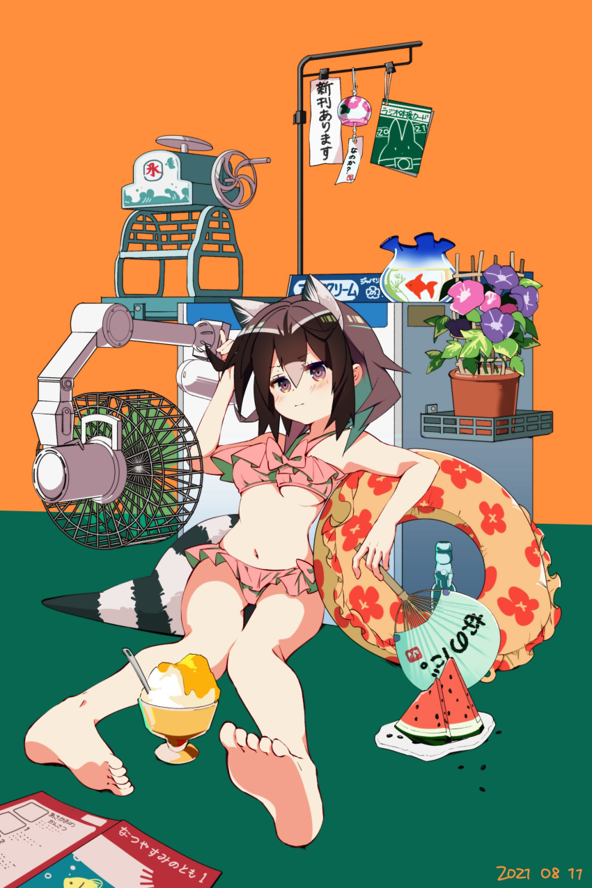 1girl absurdres alternate_costume animal_ears bare_arms bare_legs bare_shoulders barefoot bikini blue_eyes blush commentary_request common_raccoon_(kemono_friends) electric_fan extra_ears eyebrows_visible_through_hair feet fish flower food fruit goldfish grey_hair hand_fan highres ice_cream innertube kemono_friends multicolored_hair nanana_(nanana_iz) pink_bikini raccoon_ears raccoon_girl raccoon_tail short_hair sitting solo swimsuit tail translation_request watermelon white_hair