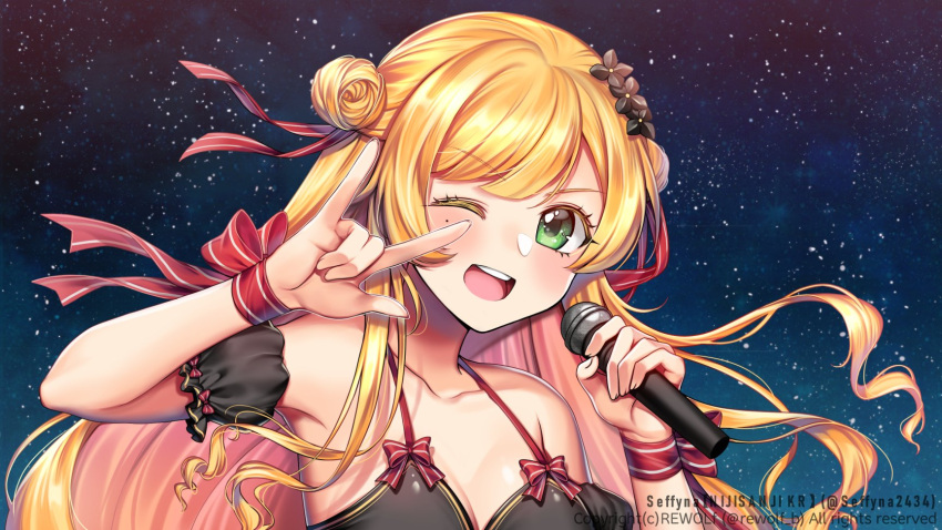 1girl \m/ blonde_hair blush breasts character_name cleavage collarbone detached_sleeves double_bun gradient_hair green_eyes highres long_hair macross macross_frontier medium_breasts mole mole_under_eye multicolored_hair nijisanji nijisanji_kr one_eye_closed open_mouth pink_hair portrait rewolf seffyna seikan_hikou short_sleeves sky smile solo star_(sky) starry_sky virtual_youtuber