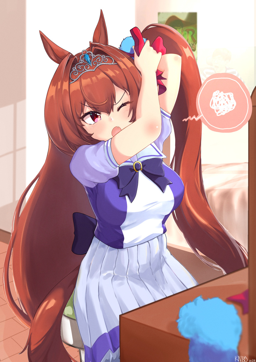 1girl absurdres angry animal_ears bedroom bow bowtie breasts brown_hair commentary daiwa_scarlet_(umamusume) fang frilled_skirt frills hair_intakes highres horse_ears horse_girl horse_tail horseshoe_ornament huge_filesize knbd large_breasts long_hair miniskirt pleated_skirt puffy_short_sleeves puffy_sleeves purple_neckwear purple_shirt red_eyes sailor_collar sailor_shirt school_uniform serafuku shirt short_sleeves sitting skirt solo spoken_squiggle squiggle summer_uniform tail tiara tracen_school_uniform twintails tying_hair umamusume very_long_hair white_skirt
