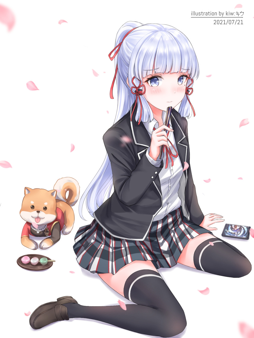 1girl artist_name bangs black_jacket black_legwear blue_eyes blunt_bangs blush brown_footwear cellphone closed_mouth cosplay dango dated dog eyebrows_visible_through_hair falling_petals folding_fan food genshin_impact hair_ribbon hand_fan hayami_saori highres holding holding_fan jacket kamisato_ayaka kiw_kiu loafers long_hair looking_at_viewer mole mole_under_eye neck_ribbon petals phone plaid plaid_skirt pleated_skirt ponytail red_ribbon ribbon school_uniform shiba_inu shirt shoes shy silver_hair sitting skirt smartphone sobu_high_school_uniform solo thighhighs voice_actor_connection wagashi wariza white_shirt yahari_ore_no_seishun_lovecome_wa_machigatteiru. yukinoshita_yukino yukinoshita_yukino_(cosplay) zettai_ryouiki