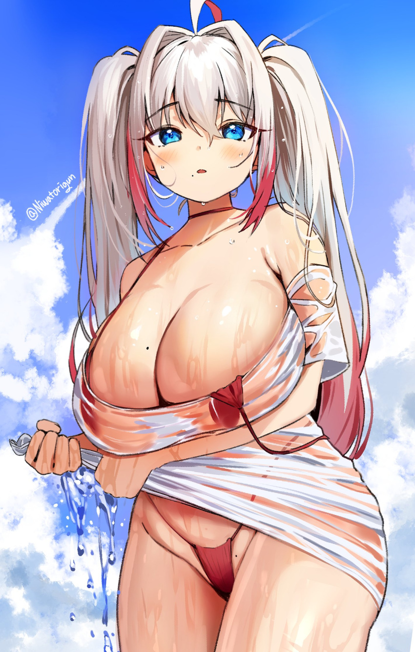1girl ahoge bangs bikini blue_eyes blush breasts cleavage cloud condensation_trail day eyebrows_visible_through_hair hair_between_eyes highleg highleg_bikini highres huge_breasts long_hair meettheton mole mole_on_breast mole_on_pussy mole_under_mouth multicolored_hair original outdoors parted_lips pink_hair red_bikini see-through shirt sky solo swimsuit twitter_username untied untied_bikini very_long_hair wet wet_clothes wet_shirt white_hair white_shirt wringing_clothes