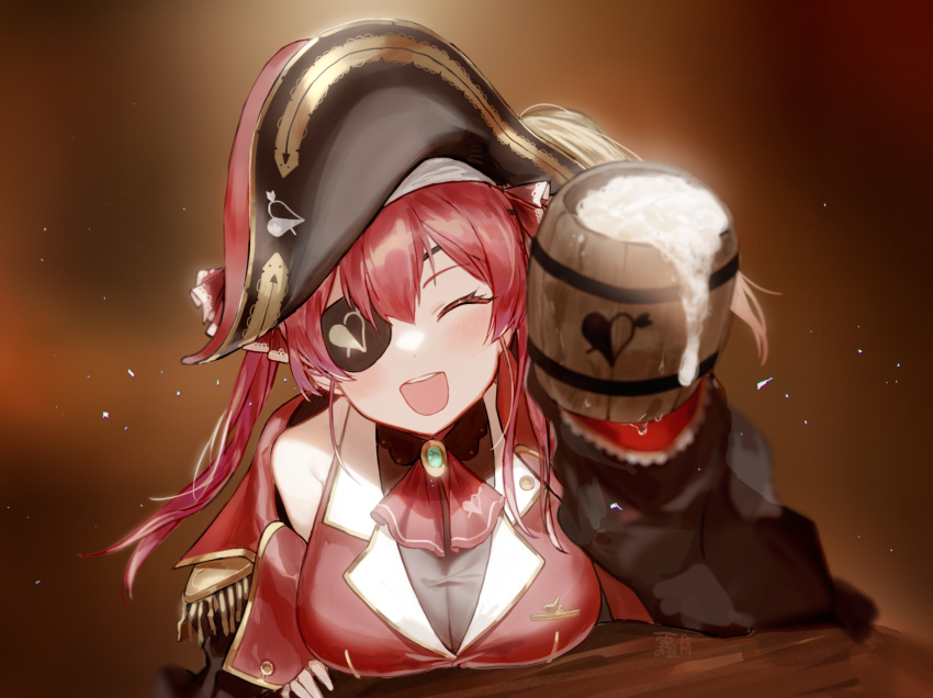1girl :d ^_^ ascot beer_mug bicorne black_coat black_eyepatch black_headwear breasts breasts_on_table brooch cleavage closed_eyes coat commentary cropped_jacket cup eyepatch frilled_shirt_collar frills gold_trim hair_ribbon hat highres hololive houshou_marine jacket jewelry large_breasts leotard leotard_under_clothes long_hair mug off_shoulder open_mouth pirate pirate_hat red_eyes red_hair red_jacket red_neckwear red_ribbon ribbon see-through sheer_leotard shimotsuki_(n0vem3erxxx) sleeveless sleeveless_jacket smile solo tankard twintails virtual_youtuber