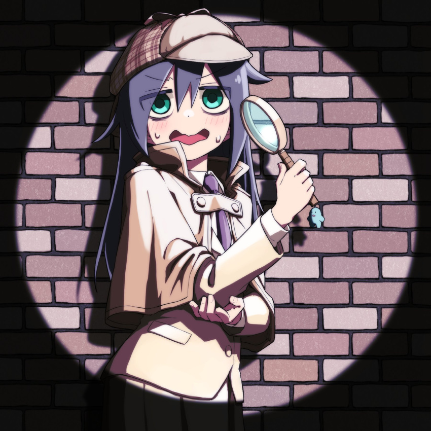 1girl against_wall bags_under_eyes bangs black_hair blazer blush bow brick_wall brown_bow brown_capelet brown_headwear capelet charm_(object) collared_shirt commentary_request deerstalker detective eyebrows_visible_through_hair eyes_visible_through_hair green_eyes hair_between_eyes hand_up hat hat_bow highres holding holding_magnifying_glass jacket kuroki_tomoko long_sleeves looking_at_viewer magnifying_glass necktie nervous official_alternate_costume open_mouth outdoors pleated_skirt purple_neckwear school_uniform shadow shirt skirt solo spotlight standing sweat wall watashi_ga_motenai_no_wa_dou_kangaetemo_omaera_ga_warui! wavy_mouth white_shirt yachima_tana yellow_jacket yellow_skirt