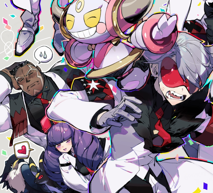 1girl 2boys arm_behind_head armband bangs black_shirt blunt_bangs blush buttons closed_eyes closed_mouth coat collared_shirt commentary_request dark-skinned_male dark_skin drill_hair eyeshadow eyewear_on_head fur-trimmed_coat fur_trim gen_2_pokemon gen_4_pokemon gen_6_pokemon grey_hair hand_up heart highres honchkrow hoopa hoopa_(confined) jacket korean_commentary lear_(pokemon) lipstick long_hair long_sleeves makeup multiple_boys muscular muscular_male mythical_pokemon necktie open_mouth parted_lips pigeon666 pokemon pokemon_(creature) pokemon_(game) pokemon_masters_ex purple_eyes purple_eyeshadow purple_hair purple_lips rachel_(pokemon) red-tinted_eyewear red_neckwear sawyer_(pokemon_masters_ex) shirt short_hair smile spoken_heart sunglasses teeth tinted_eyewear tongue twin_drills umbreon very_short_hair white_coat white_jacket