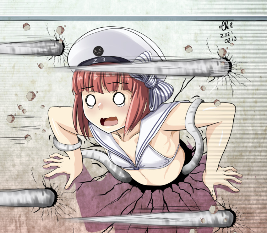 1girl bangs beret bikini brown_hair commentary_request flat_chest hat kantai_collection sailor_collar short_hair solo stuck swimsuit tears through_wall tk8d32 white_bikini you_gonna_get_raped z3_max_schultz_(kancolle)