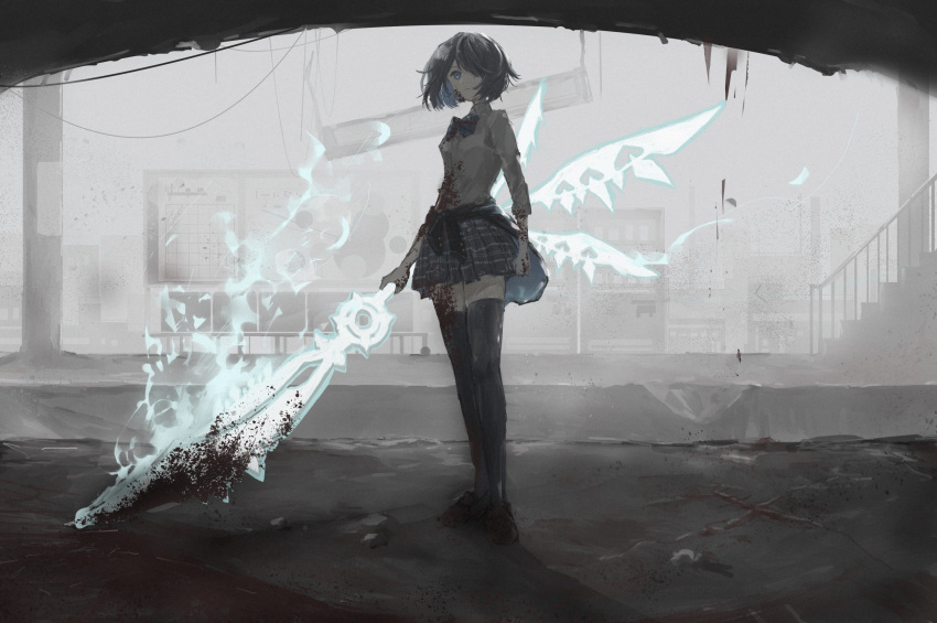 1girl alice_(sinoalice) bangs black_footwear black_legwear blood blood_on_weapon blue_eyes blue_fire blue_hair blue_skirt clothes_around_waist clothing_cutout fire flaming_sword flaming_weapon full_body glowing glowing_weapon glowing_wings hair_over_one_eye heart heart_cutout highres holding holding_sword holding_weapon jacket jacket_around_waist k610twins looking_at_viewer polo_shirt reality_arc_(sinoalice) school_uniform shirt shoes short_hair sinoalice skirt sleeves_rolled_up standing sword thighhighs weapon white_shirt wings