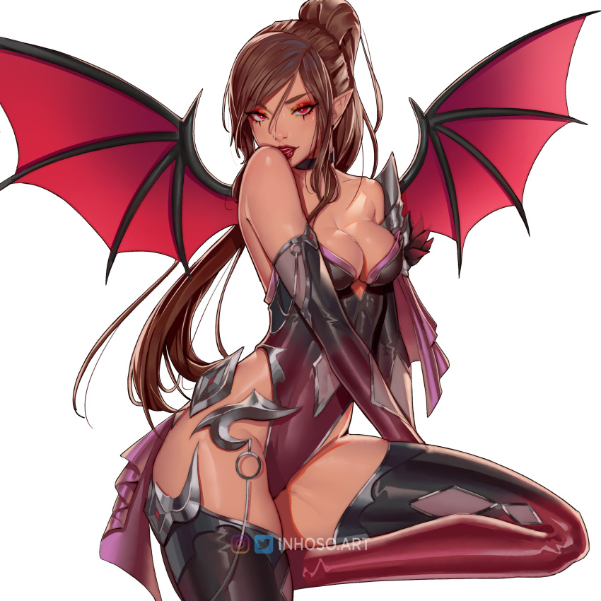 1girl absurdres artist_name black_leotard breasts brown_hair cleavage collarbone demon_wings english_commentary eyeshadow gradient_leotard hair_behind_ear highres inhoso leotard long_hair looking_at_viewer makeup medium_breasts multicolored_leotard open_mouth original pointy_ears ponytail red_eyes red_eyeshadow red_leotard sitting solo thighhighs vampire watermark wings