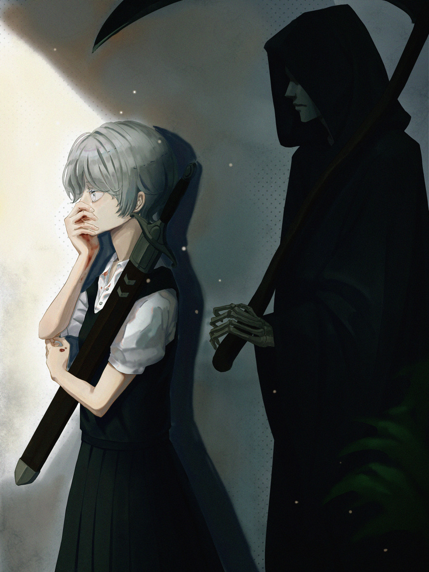 1boy 1girl absurdres black_cloak black_dress blood blood_on_hands cloak death_(entity) dress grey_eyes grey_hair hand_up highres holding holding_sword holding_weapon hood hooded_cloak miantiao135 original profile scythe sheath sheathed shirt short_sleeves sidelighting skeletal_hand sword weapon white_shirt