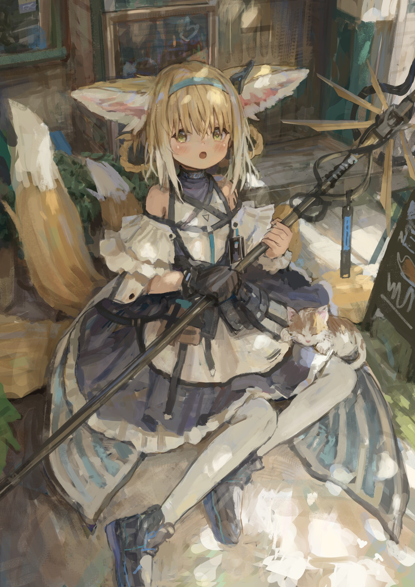 1girl :o absurdres animal_ears arknights bare_shoulders black_footwear black_gloves blonde_hair blue_dress blush braid building cat dress earpiece fox_ears fox_tail gloves green_eyes highres holding holding_staff kitsune looking_at_viewer multicolored_hair multiple_tails open_mouth shion_(mirudakemann) short_hair sign single_glove sitting solo staff streaked_hair suzuran_(arknights) tail white_hair white_legwear