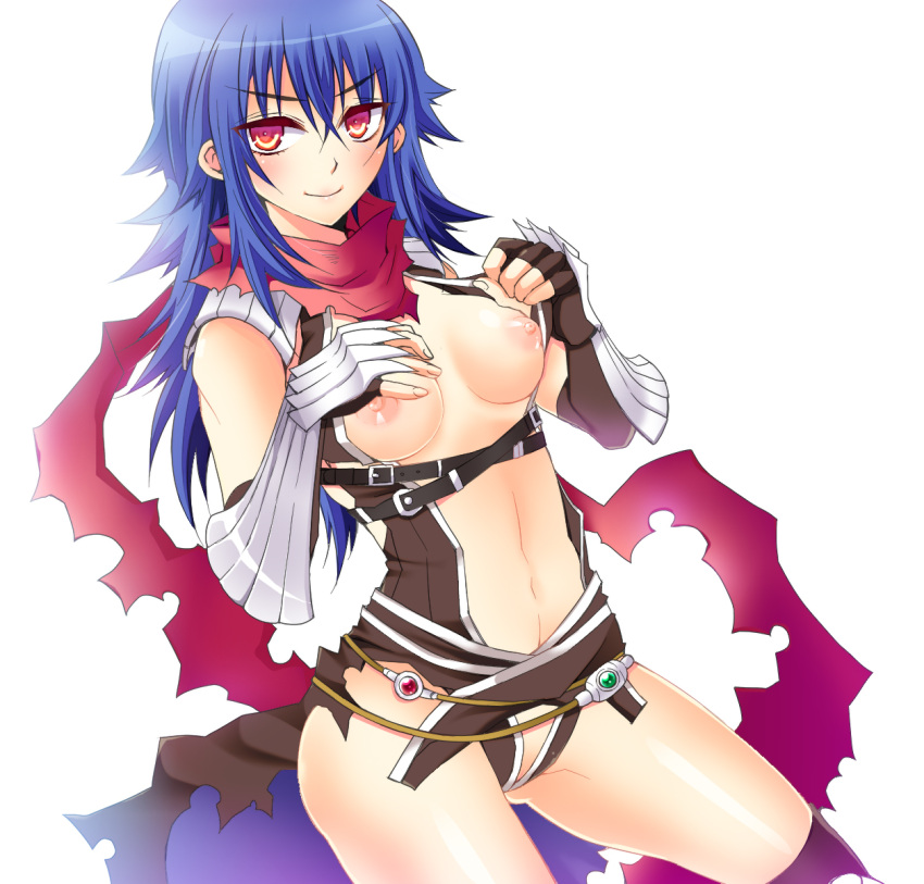 1girl armor assassin_cross_(ragnarok_online) bangs black_cape black_gloves black_legwear black_leotard blue_hair blush breasts cape closed_mouth clothes_pull colorized commentary_request cowboy_shot dutch_angle elbow_gloves eremes_guile eyebrows_visible_through_hair fingerless_gloves genderswap genderswap_(mtf) gloves hair_between_eyes highres kneehighs leotard leotard_pull long_hair looking_at_viewer masaya_ichika medium_breasts navel nipples pauldrons ragnarok_online red_eyes red_scarf revealing_clothes scarf shoulder_armor simple_background smile solo sptbird torn_cape torn_clothes torn_scarf vambraces waist_cape white_background