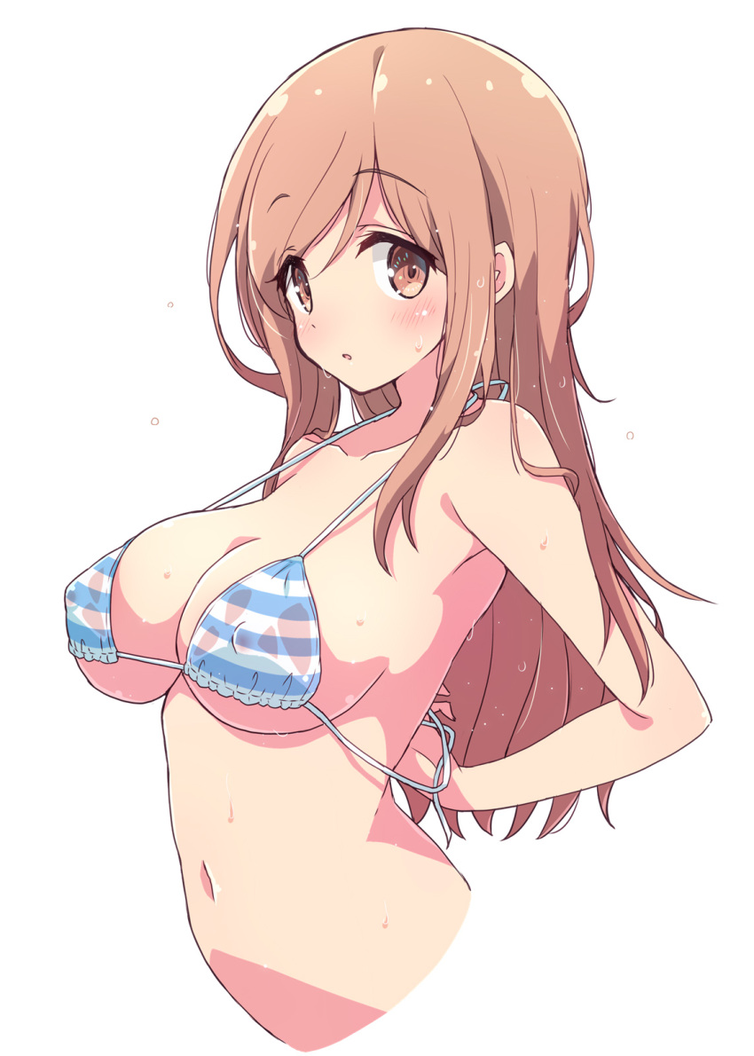 1girl aikawa_chiho bikini bikini_top blue_bikini blush breasts brown_eyes brown_hair collarbone commentary covered_nipples eyebrows_visible_through_hair highres large_breasts long_hair looking_at_viewer mel_(melty_pot) navel simple_background solo striped striped_bikini swimsuit wet white_background yuyushiki