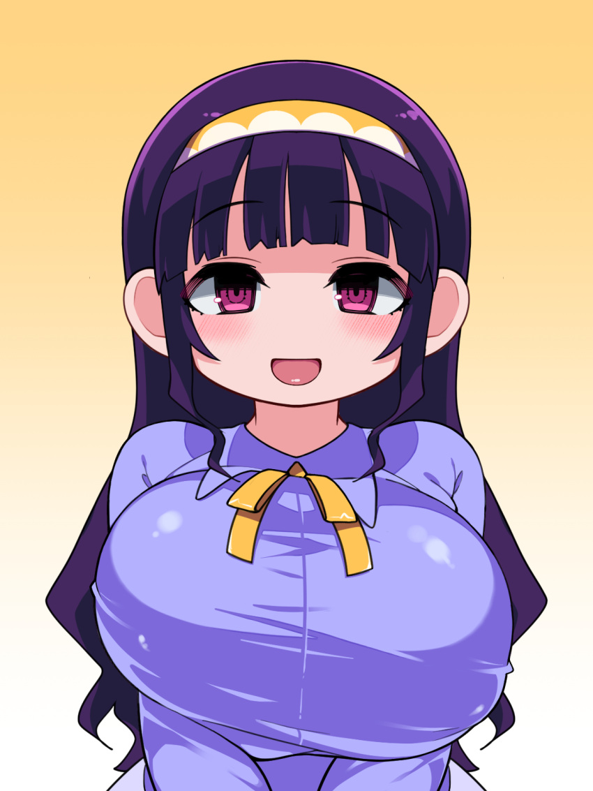1girl :d bangs blunt_bangs blush breast_squeeze breasts bursting_breasts eyebrows_visible_through_hair gradient gradient_background hairband highres huge_breasts long_hair long_sleeves looking_at_viewer neck_ribbon open_mouth original purple_eyes purple_hair purple_shirt ribbon ringed_eyes shirt smile solo unaligned_breasts upper_body yellow_background yellow_neckwear yellow_ribbon zankuro