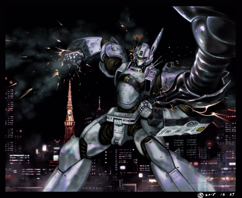 av-98_ingram black_border border clenched_hand damaged dated fighting highres kidou_keisatsu_patlabor mecha night night_sky no_humans ohtagaki_yasuo open_hand radio_antenna science_fiction sky skyline solo_focus type_j-9_griffon