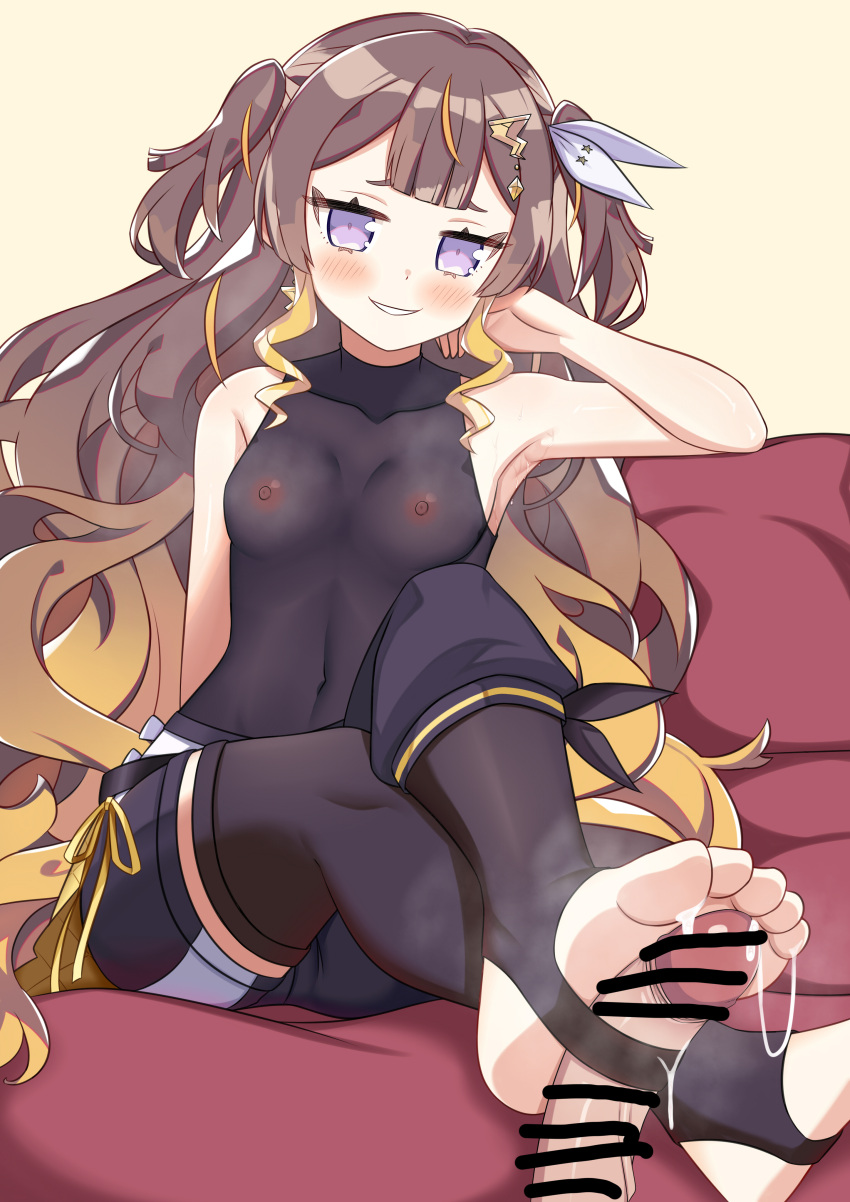 1girl absurdres after_footjob anya_melfissa asymmetrical_clothes black_leotard black_pants black_thighhighs blonde_hair blunt_bangs brown_hair censored covered_navel crossed_ankles cum cum_on_body cum_on_feet cum_string disembodied_penis feet foot_focus foot_out_of_frame gradient_hair hair_ribbon head_rest highres hololive hololive_idol_uniform_(color_rise) hololive_indonesia kris_hair_ornament leotard light_blush long_hair multicolored_hair no_shoes pants penis penis_in_thighhigh purple_eyes ribbon scribble_censor second-party_source see-through_clothes see-through_leotard shirt short_eyebrows single_pantsleg sitting smell smirk steaming_body streaked_hair sweat sweaty_armpits thighhighs toeless_legwear unworn_shirt very_long_hair virtual_youtuber wavy_hair white_ribbon yellow_background zedxxx