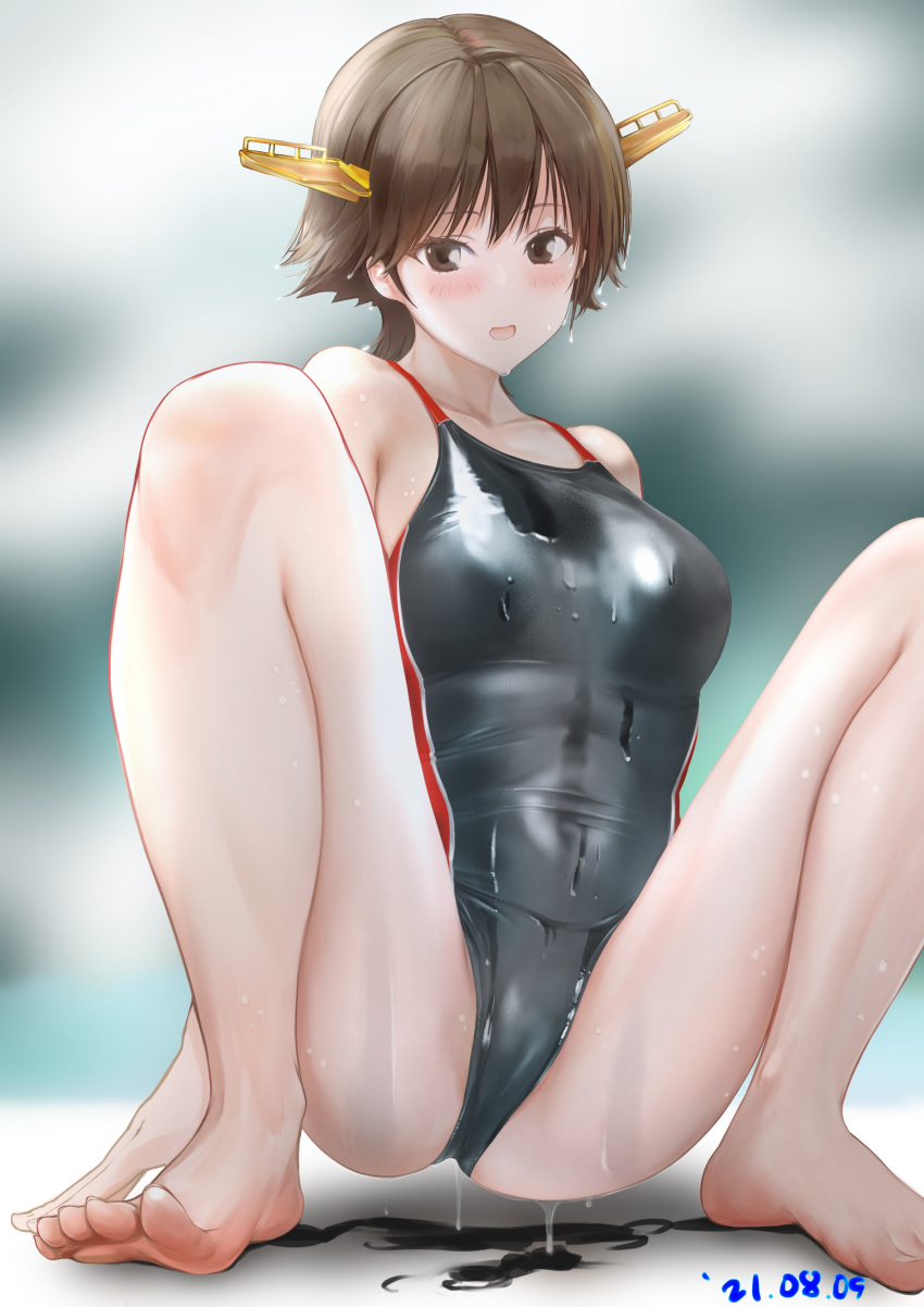 1girl absurdres bangs barefoot black_swimsuit blush breasts brown_eyes brown_hair dated dorsiflexion feet headgear hiei_(kancolle) highres kantai_collection legs looking_at_viewer medium_breasts one-piece_swimsuit open_mouth ototoi_koi short_hair simple_background solo squatting swimsuit toes wet wet_clothes wet_swimsuit