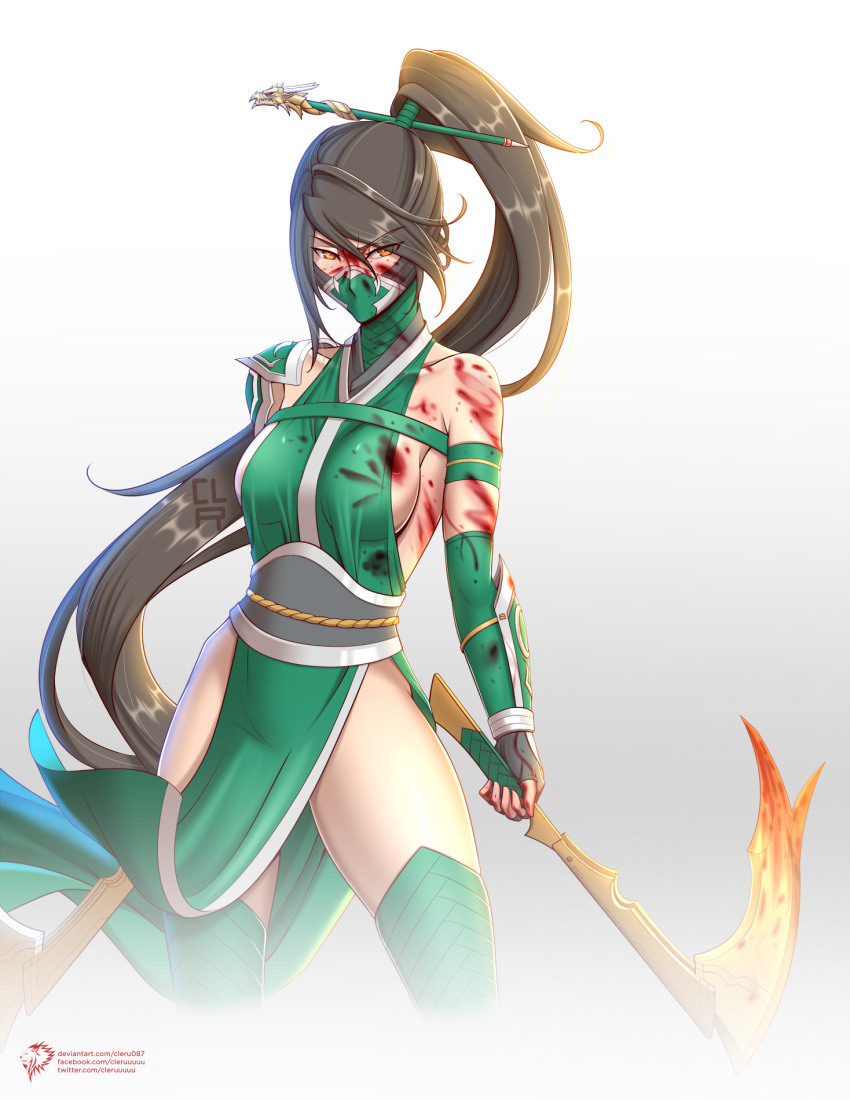 1girl akali akali_(legacy) armor artist_name bangs black_hair blood blood_on_clothes blood_on_face blood_on_hands blood_on_weapon blood_splatter blood_stain boots bracer breasts brown_eyes cleru_(cleruuuuu) eyebrows_visible_through_hair fingerless_gloves gloves hair_between_eyes hair_ornament hair_stick high_ponytail highres holding holding_scythe holding_weapon kama_(weapon) league_of_legends long_hair mask medium_breasts ninja ninja_mask pelvic_curtain rope_belt scythe shoulder_armor sickle sideboob single_bare_shoulder solo thigh_boots thighhighs v-shaped_eyebrows vambraces very_long_hair weapon