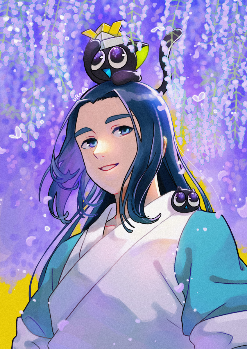 2boys absurdres animal_on_head black_cat black_hair blue_eyes cat cat_on_head flower highres long_hair luoxiaohei multiple_boys on_head paper_hat paper_kabuto parted_lips purple_flower smile the_legend_of_luo_xiaohei upper_body uroco27 wisteria wuxian_(the_legend_of_luoxiaohei) yellow_background