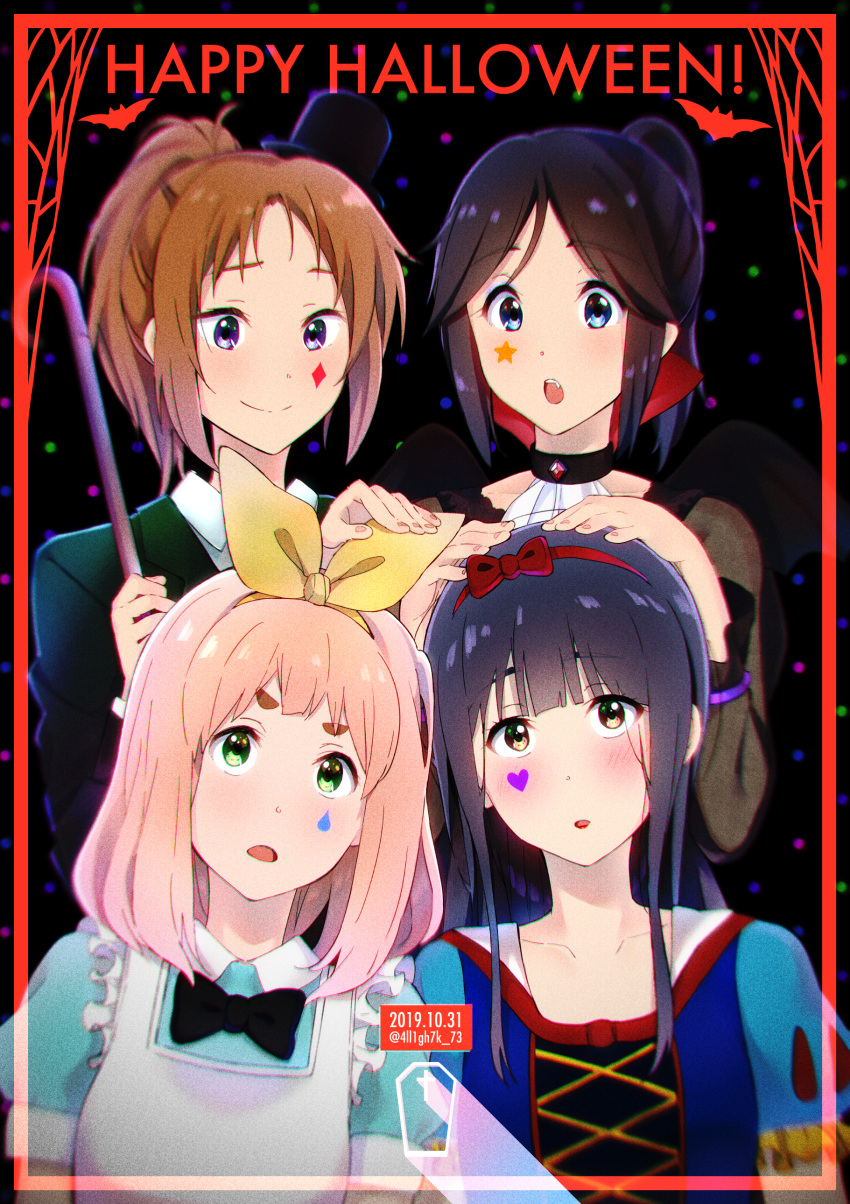 4girls :o absurdres apron bangs black_hair black_jacket blazer blonde_hair blue_dress blue_eyes blue_hair blush brown_hair closed_mouth collared_shirt dated dress dress_shirt green_dress green_eyes hair_ribbon halloween halloween_costume hand_on_another's_head hands_up headband hibike!_euphonium highres jacket kasaki_nozomi long_hair looking_at_another maid maid_apron medium_hair multiple_girls nakagawa_natsuki open_mouth ponytail purple_eyes ribbon rorigahaku shirt short_sleeves smile vampire_costume white_apron white_shirt yellow_eyes yellow_ribbon yoroizuka_mizore yoshikawa_yuuko