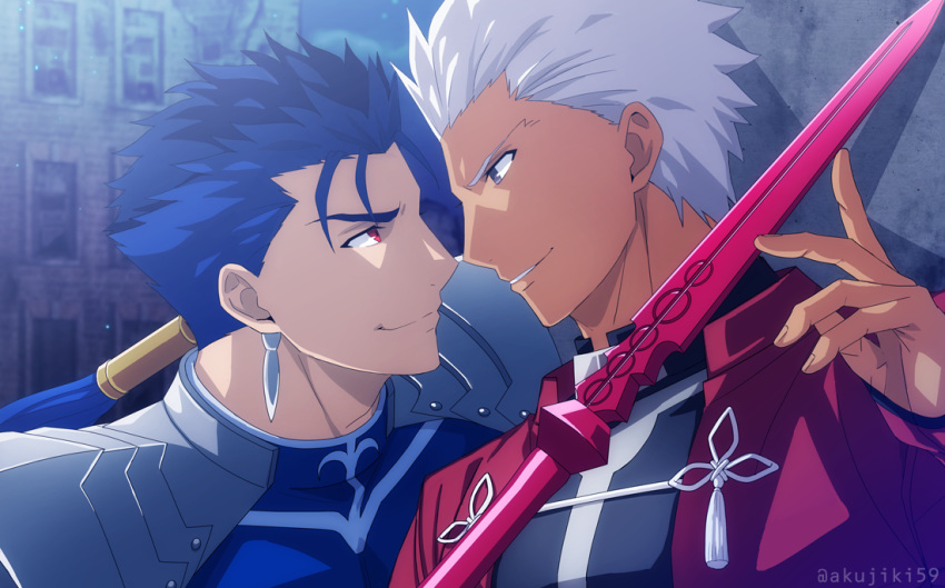 2boys akujiki59 archer_(fate) armor blue_bodysuit blue_hair bodysuit cu_chulainn_(fate) cu_chulainn_(fate/stay_night) dark-skinned_male dark_skin eye_contact fate/stay_night fate_(series) gae_bolg_(fate) holding holding_polearm holding_spear holding_weapon looking_at_another male_focus multiple_boys official_style pauldrons pectorals pointing_weapon polearm ponytail red_eyes short_hair shoulder_armor smile spear spiked_hair toned toned_male wall_slam weapon white_hair