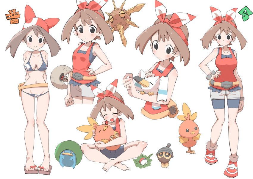 1girl bandana barefoot bike_shorts bikini bow breasts brown_hair cleavage commentary_request hair_bow highres indian_style looking_at_viewer lotad lowleg lowleg_bikini lunatone may_(pokemon) multiple_views pokemon pokemon_(creature) pokemon_(game) pokemon_oras pokemon_rse short_shorts shorts sitting sleeveless solrock standing swimsuit toes torchic wingull yakiniku-joan.