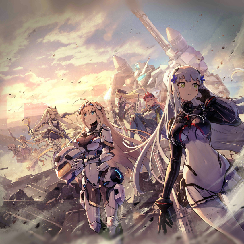 6+girls ahoge artist_request assault_rifle blonde_hair blue_eyes bodysuit breasts covered_navel debris desert_eagle desert_eagle_(blue_sky_garuda)_(girls'_frontline) desert_eagle_(girls'_frontline) f1 f1_(desert_dragon_and_poem)_(girls'_frontline) f1_(girls'_frontline) facial_mark girls'_frontline green_eyes gun h&amp;k_hk416 h&amp;k_mg36 hair_ornament hand_on_own_face handgun hanyang_type_88_(girls'_frontline) hanyang_type_88_(white_comet_bearing_your_wishes)_(girls'_frontline) headgear helmet highres hk416_(girls'_frontline) hk416_(midnight_evangelion)_(girls'_frontline) holding holding_helmet large_breasts long_hair machine_gun mecha mg36_(blue_dragon_stands_above_sector_09)_(girls'_frontline) mg36_(girls'_frontline) multiple_girls official_alternate_costume official_art outdoors pilot_suit pink_hair pistol rifle robot sig_mcx_(crimson_meteor)_(girls'_frontline) sig_mcx_(girls'_frontline) sig_sauer sig_sauer_mcx silver_hair submachine_gun sunset weapon