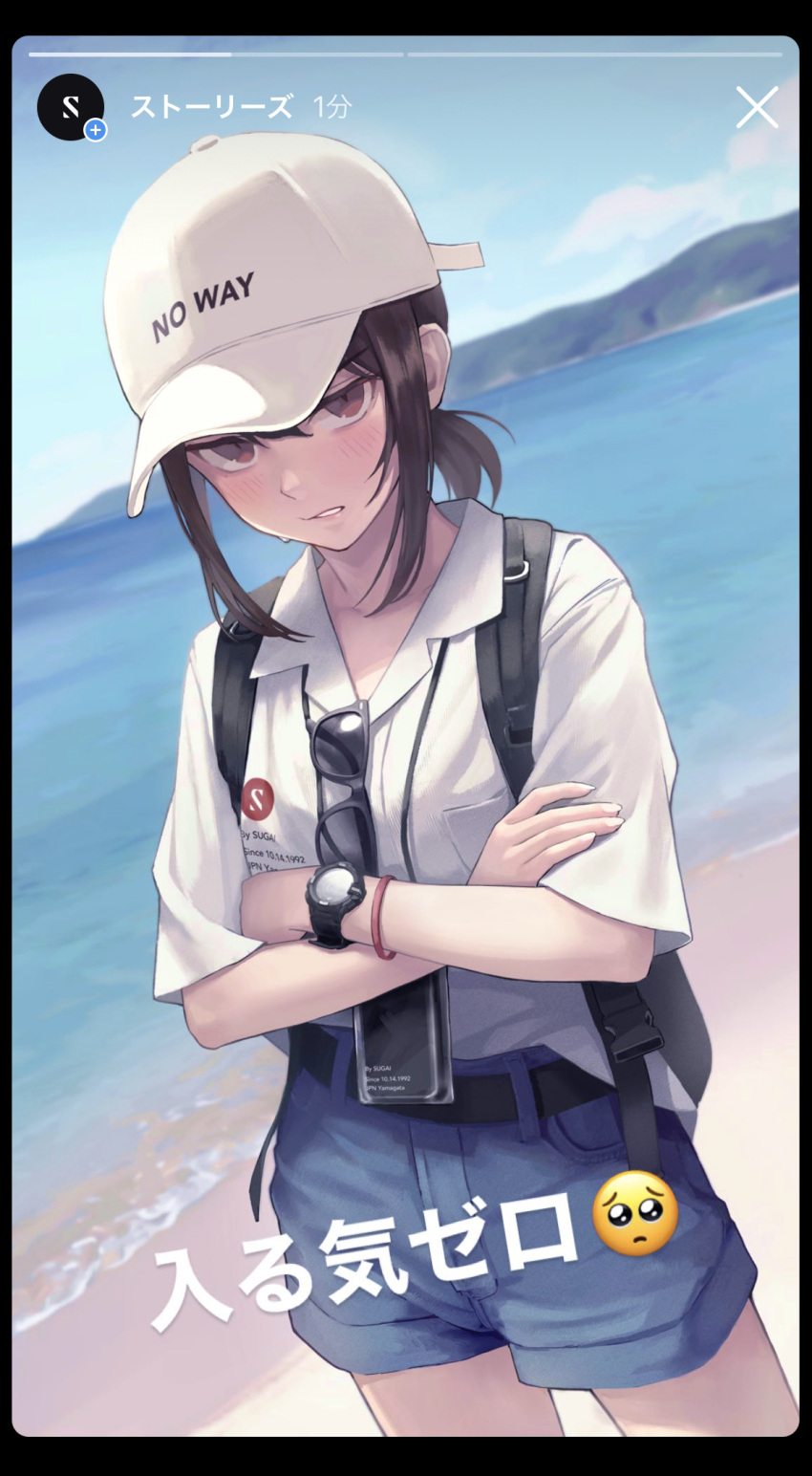 1girl angry backpack bag baseball_cap beach belt biting blue_shorts blue_sky blush breast_pocket brown_hair clothes_writing collared_shirt cowboy_shot crossed_arms day dutch_angle ears emoji eyewear_hang eyewear_removed fake_screenshot flat_cap hat highres hill instagram instagram_username lip_biting ocean original outdoors parted_lips pocket ponytail red_eyes sand shirt short_hair short_ponytail short_shorts short_sleeves shorts sidelocks sky solo sugai_(4ugaii) sunglasses symbol-only_commentary translation_request watch water white_headwear white_shirt wristband wristwatch