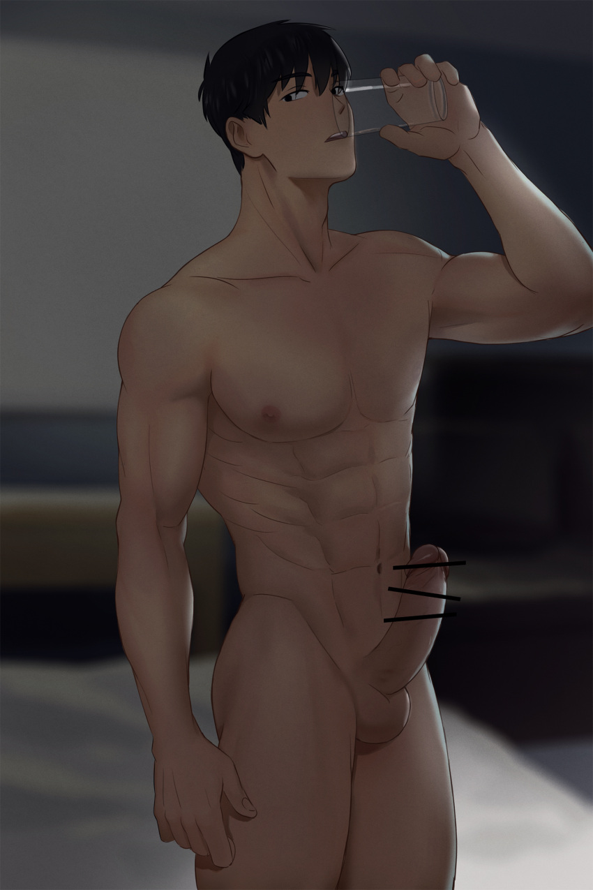 1boy abs bangs bar_censor bed black_hair blurry censored collarbone completely_nude cowboy_shot cup dark depth_of_field drinking erection hand_up highres holding holding_cup indoors large_penis looking_at_viewer male_focus naoki_(xhju8282) navel nipples nude original parted_lips pectorals penis short_hair solo standing testicles toned toned_male