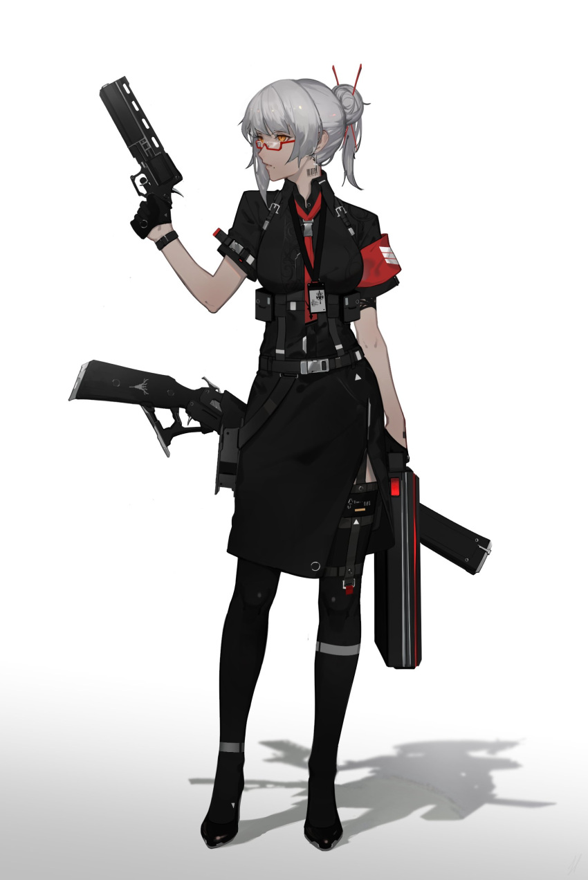 1girl absurdres armband commentary english_commentary finger_on_trigger glasses gloves gun hair_bun hair_ornament hairpin half_gloves handgun high_heels highres holster holstered_weapon id_card lanyard lever_action miniskirt necktie nilzynox orange_eyes original rifle shadow silver_hair skirt solo thighhighs uniform weapon weapon_on_back weapon_request