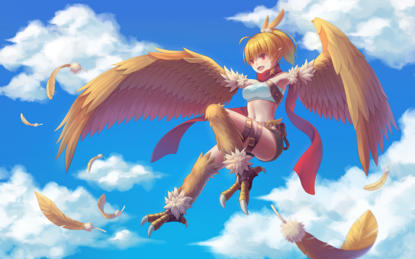 1girl animal_feet bangs bare_shoulders belt belt_pouch bird_legs blonde_hair breasts brown_feathers brown_wings chinese_commentary cloud commentary_request eyebrows_visible_through_hair fang feathered_wings feathers flying harpy high_ponytail highres kono_yuuza_ga_sonzaishinai medium_breasts midriff monster_girl navel open_mouth original pointy_ears ponytail pouch red_eyes red_scarf scarf short_hair sky solo strapless talons thigh_strap tubetop white_tubetop winged_arms wings