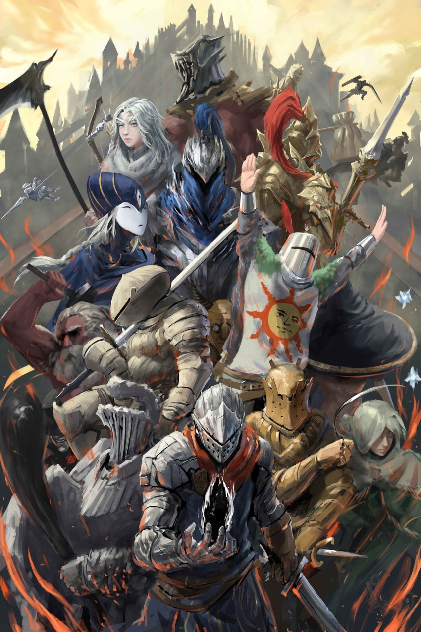 1boy 1girl 6+others armor artist_request artorias_the_abysswalker bangs bearer_of_the_curse black_knight_(dark_souls) blue_eyes chosen_undead dark_souls_(series) dark_souls_i dark_sun_gwyndolin dragon_girl dragon_slayer_ornstein dress executioner_smough full_armor fur great_grey_wolf_sif green_eyes gwyn_lord_of_cinder helm helmet highres horns iron_tarkus knight long_hair looking_at_viewer lord's_blade_ciaran monster_girl multiple_others praise_the_sun priscilla_the_crossbreed siegmeyer_of_catarina slit_pupils smile solaire_of_astora weapon white_hair