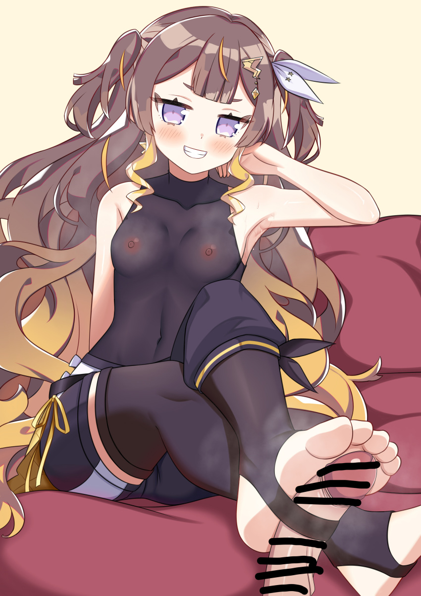 1girl absurdres anya_melfissa asymmetrical_clothes black_leotard black_pants black_thighhighs blonde_hair blunt_bangs brown_hair censored covered_navel crossed_ankles disembodied_penis feet foot_focus foot_out_of_frame footjob gradient_hair hair_ribbon head_rest highres hololive hololive_idol_uniform_(color_rise) hololive_indonesia kris_hair_ornament leotard light_blush long_hair multicolored_hair no_shoes pants penis penis_in_thighhigh purple_eyes ribbon scribble_censor second-party_source see-through_clothes see-through_leotard shirt short_eyebrows single_pantsleg sitting smell smug steaming_body streaked_hair sweat sweaty_armpits thighhighs toeless_legwear unworn_shirt very_long_hair virtual_youtuber wavy_hair white_ribbon yellow_background zedxxx