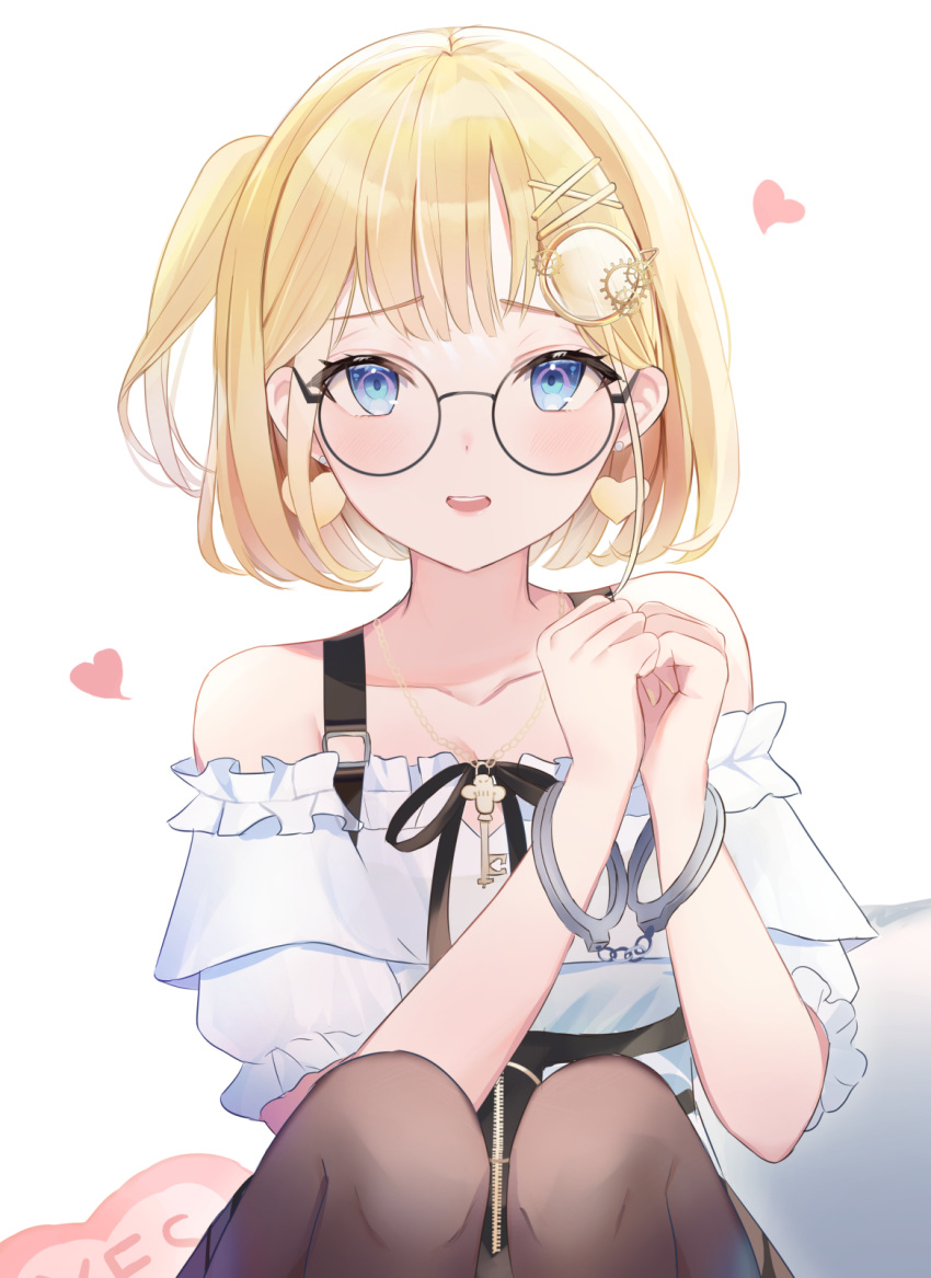 1girl bangs bare_shoulders black-framed_eyewear black_ribbon blonde_hair blue_eyes brown_legwear chain_necklace collarbone commentary cuffs earrings english_commentary eyebrows_visible_through_hair hair_ornament hairclip handcuffs hands_up heart heart_earrings highres hololive hololive_english jewelry key looking_at_viewer monocle_hair_ornament necklace off-shoulder_shirt off_shoulder official_alternate_costume one_side_up open_mouth own_hands_together pantyhose ribbon round_eyewear shiny shiny_hair shirt short_hair short_sleeves sidelocks simple_background sisoha solo virtual_youtuber watson_amelia white_background white_shirt yes yes-no_pillow zipper