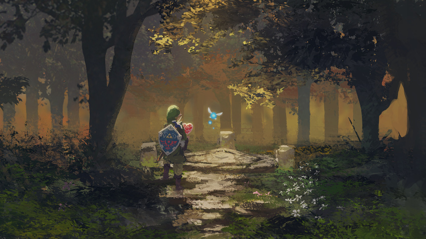 1boy absurdres facing_away fairy forest from_behind heart highres hylian_shield link nature outdoors rsef shield standing sword the_legend_of_zelda the_legend_of_zelda:_link's_awakening tree tunic weapon
