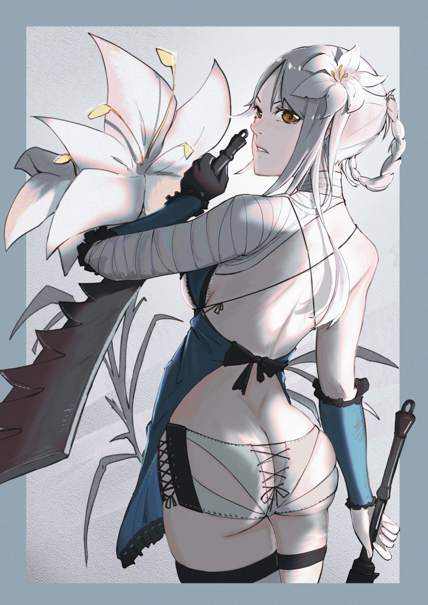 1girl absurdres ass back bandaged_arm bandaged_neck bandages bare_shoulders black_bow border bow brown_eyes detached_sleeves dual_wielding fingernails flower frills hair_flower hair_ornament highres holding holding_weapon kaine_(nier) long_hair looking_back mo_geng nier nier_(series) parted_lips pink_nails single_bare_shoulder skindentation solo thighhighs weapon white_flower white_legwear