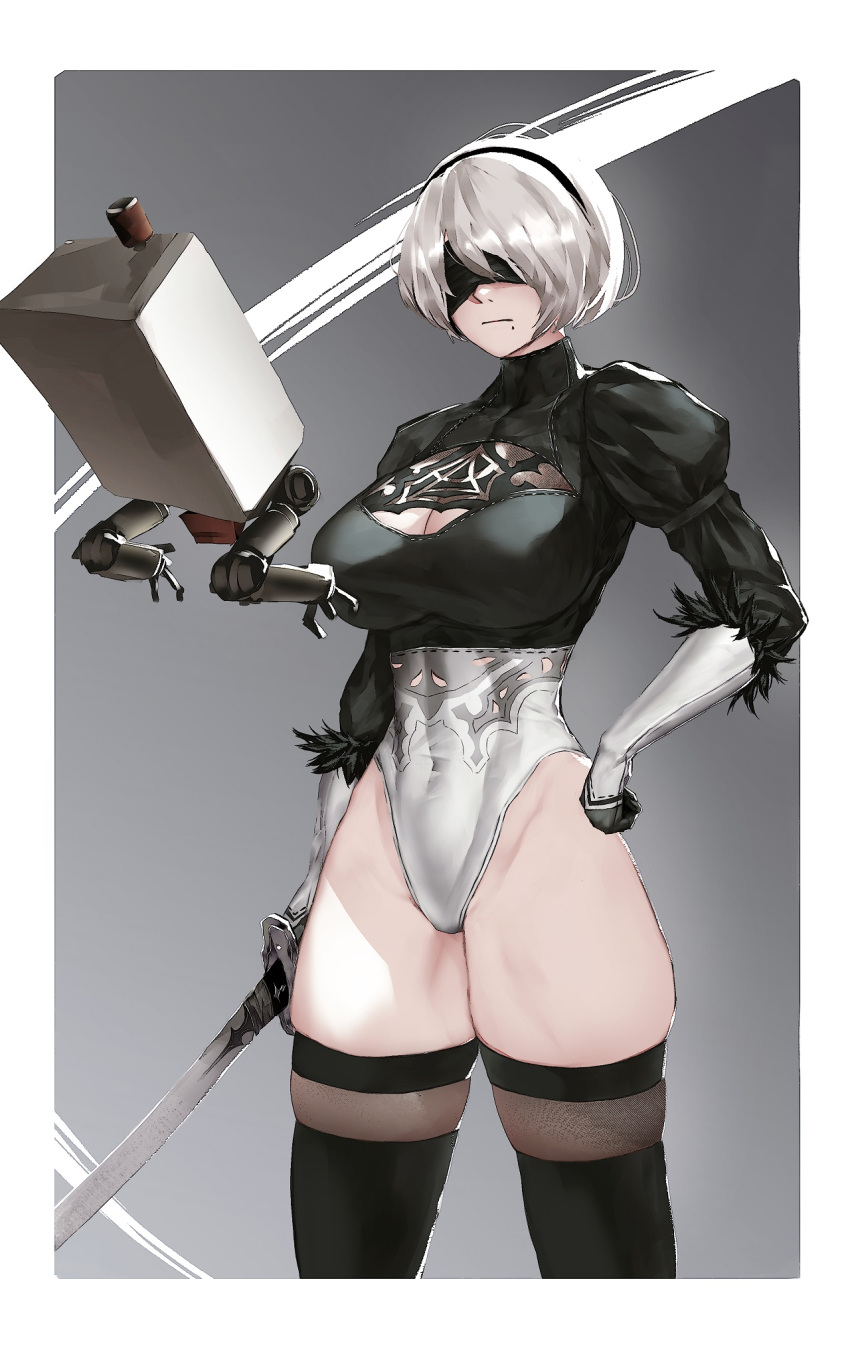 1girl black_gloves black_legwear blindfold bluecup breasts cleavage covered_navel gloves hairband hand_on_hip highres holding holding_sword holding_weapon katana leotard mole mole_under_mouth nier_(series) nier_automata pod_(nier_automata) puffy_sleeves short_hair silver_hair sword thighhighs weapon yorha_no._2_type_b
