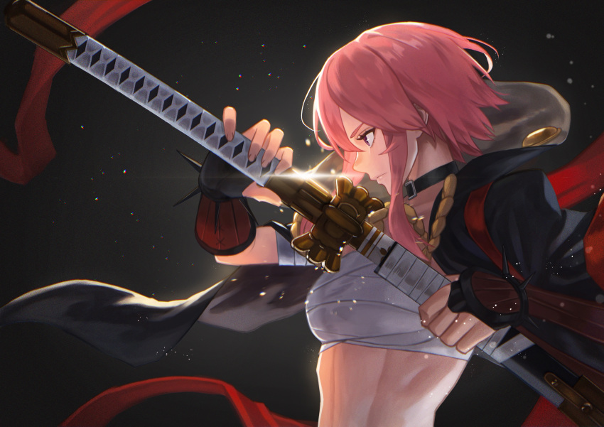 1girl absurdres alchemy_stars black_background breasts choker commentary hara_kenshi highres hiiro_(alchemy_stars) holding holding_sword holding_weapon medium_breasts pink_hair purple_eyes sarashi sheath sheathed short_hair simple_background solo spiked_gauntlets sword upper_body weapon