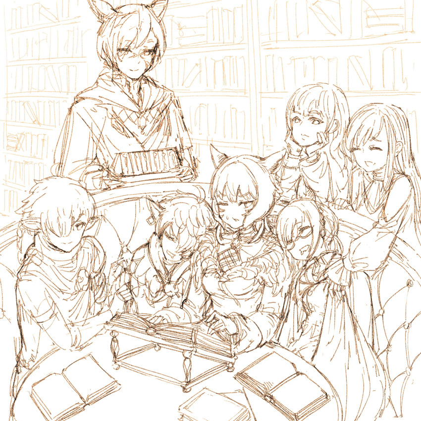 3boys 4girls absurdres ahoge alisaie_leveilleur alphinaud_leveilleur animal_ears bare_shoulders blanket book book_stack book_stand bookshelf bow braid breasts cat_ears choker cleavage cleavage_cutout closed_eyes closed_mouth clothing_cutout collarbone couch drooling earrings elbow_gloves eyebrows_visible_through_hair eyes_visible_through_hair facial_mark feather_earrings feathers final_fantasy final_fantasy_xiv fingerless_gloves food fur_trim g'raha_tia gaia_(ff14) glasses gloves greyscale hair_between_eyes hair_bow hair_over_one_eye hand_on_own_cheek hand_on_own_face hatching_(texture) head_rest highres hjz_(artemi) holding holding_plate holding_tray hyur indoors jewelry leaning_on_person long_hair long_sleeves looking_at_another medium_hair miqo'te monochrome multiple_boys multiple_girls one_eye_closed open_book open_mouth pinky_ring plate pointy_ears puffy_sleeves ring ryne saliva sandwich scarf sitting sketch sleeping sleeping_on_person sleeves_past_wrists smile sweat table tray unfinished whisker_markings wide_sleeves y'shtola_rhul