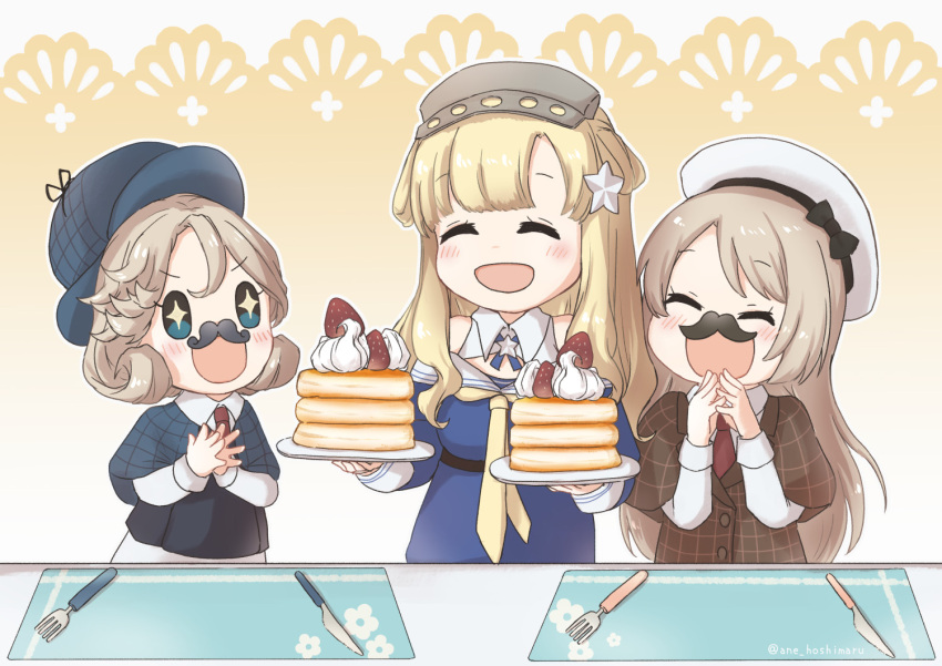 3girls alternate_costume ane_hoshimaru blonde_hair blue_eyes blue_shirt closed_eyes commission double_bun facial_hair fake_facial_hair fake_mustache fletcher_(kancolle) food fork hair_ornament holding holding_plate janus_(kancolle) jervis_(kancolle) kantai_collection knife long_hair long_sleeves multiple_girls mustache neckerchief off_shoulder pancake plate sailor_collar school_uniform serafuku shirt skeb_commission star_(symbol) star_hair_ornament white_sailor_collar yellow_neckwear